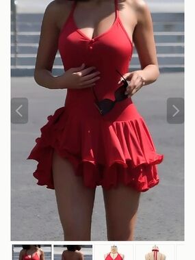 Red, Sky Blue, Pink, Black And White Ruffle Halter Swimdress